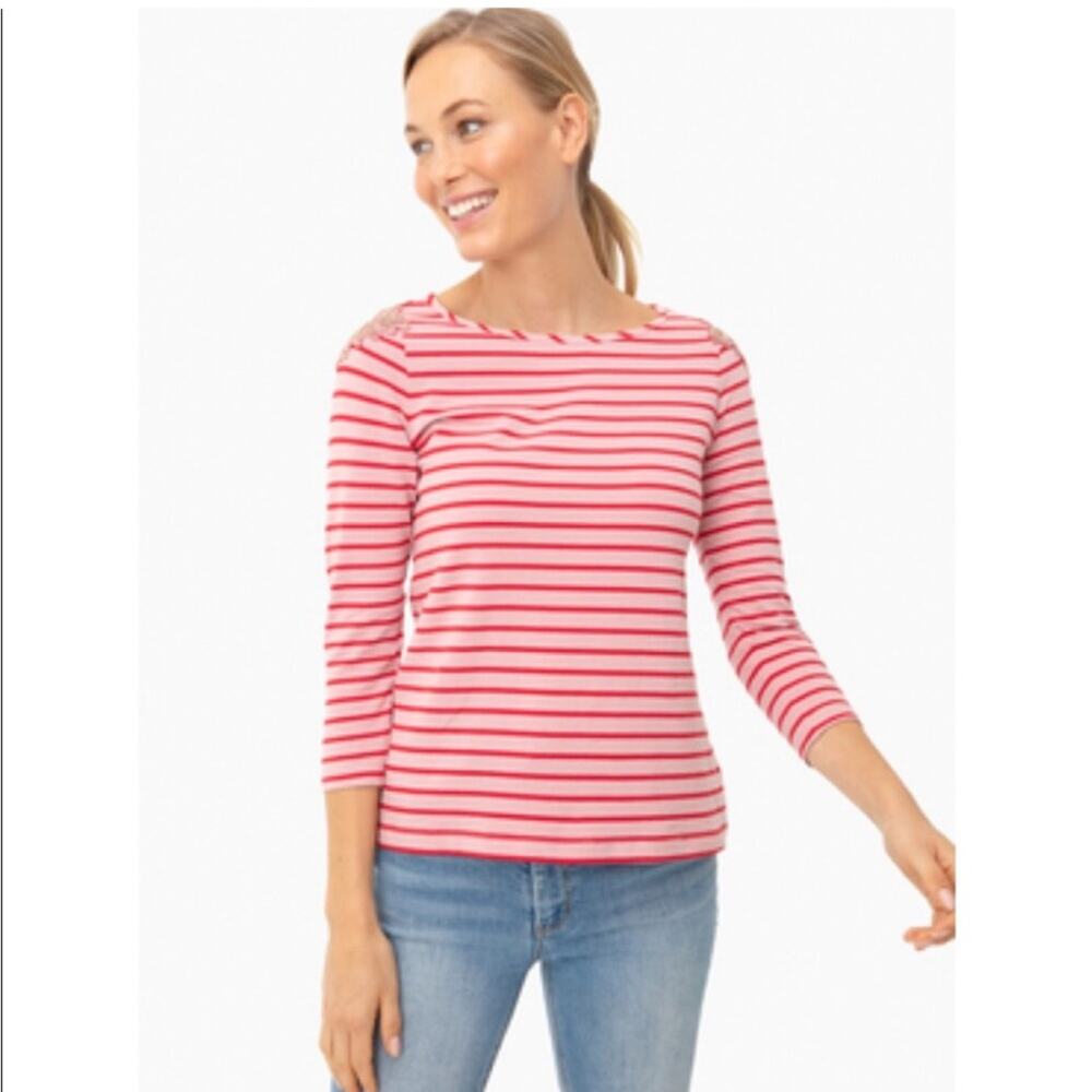 Tuckernuck Hindley pink red striped beaded shoulder top size Large